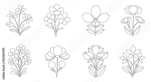 Set of Hand Drawn Floral Bouquets Line Art Flower Arrangements