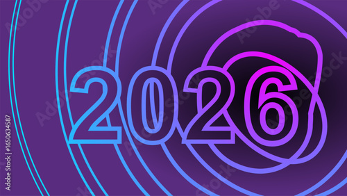 The year 2026 is prominently displayed with a vibrant blue and pink gradient on a dark purple background. create a futuristic and dynamic visual effect, symbolizing time, progress, and innovation.