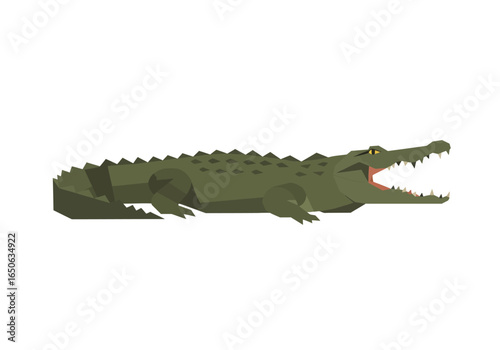 A green cartoon crocodile with its mouth open displaying sharp teeth and yellow eyes