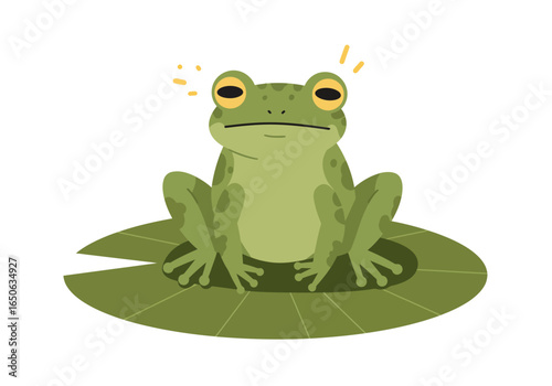 A green frog sits on a lily pad staring ahead with orange sparkles