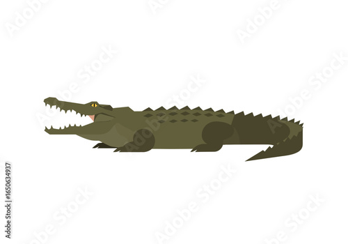 A green crocodile with an open mouth and sharp teeth