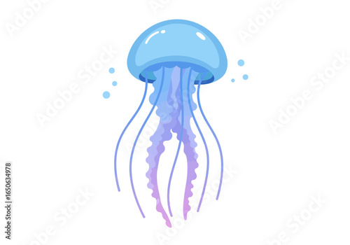 A jellyfish with a light blue bell and lavender tentacles floats in a white space