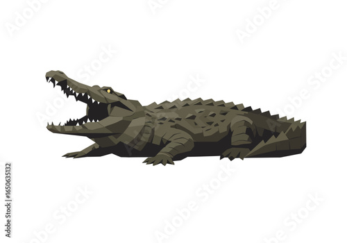 A polygonal crocodile lies with its jaws agape revealing sharp teeth and yellow eyes