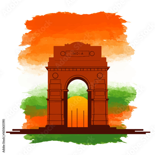 Iconic India Gate Archway Silhouette against a Vibrant Watercolor Wash of the Indian Flag Colors