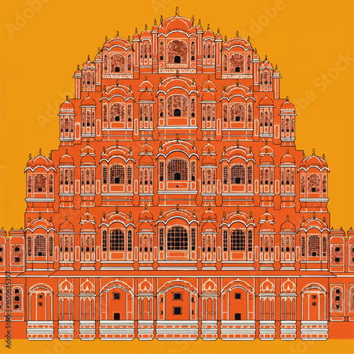 Detailed vector illustration of an ornate Indian palace facade, showcasing traditional Rajasthani architecture with numerous windows