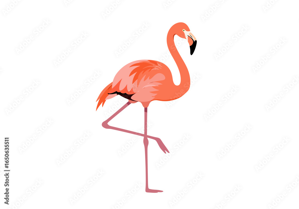 Fototapeta premium Flamingo stands long neck curved pink feathers black beak poised leg