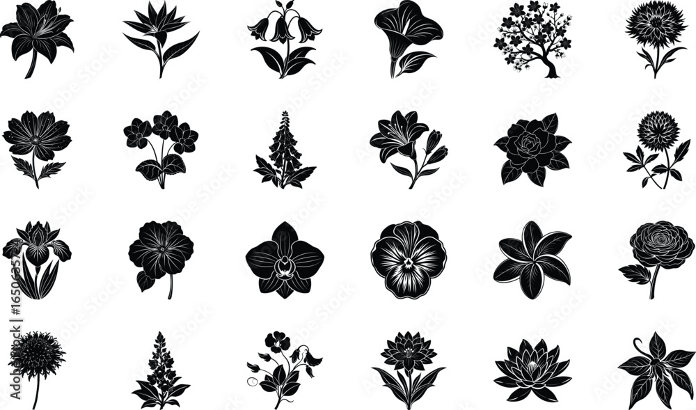 Fototapeta premium Black Floral Silhouette Vector Icons Collection – Decorative Botanical Flowers, Plants, and Nature Clipart Bundle for Logos, Patterns, Invitations, Crafts, and Digital Graphic Design