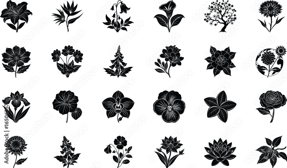 Fototapeta premium Black Floral Silhouette Vector Icons Collection – Decorative Botanical Flowers, Plants, and Nature Clipart Bundle for Logos, Patterns, Invitations, Crafts, and Digital Graphic Design