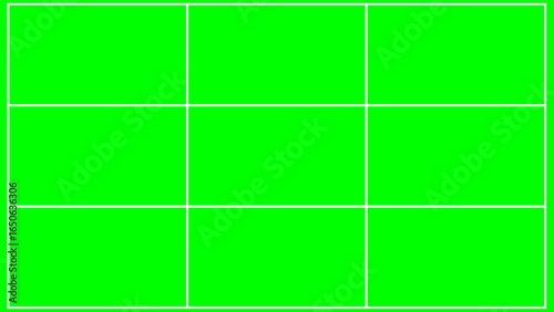 A bright green screen background with a white grid pattern, ideal for film, and television projects requiring a clean, uniform backdrop for special effects and virtual environments.