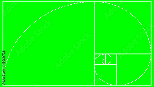 A mathematical illustration of the golden ratio, featuring a fibonacci spiral within a series of nested golden rectangles. represents divine proportion and natural harmony, in art, design, and science