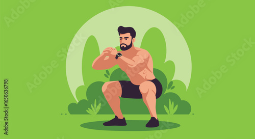 Fit man performing a squat exercise outdoors surrounded by lush greenery, promoting health and fitness lifestyle