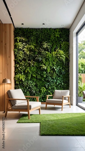 Modern living room with lush vertical garden
