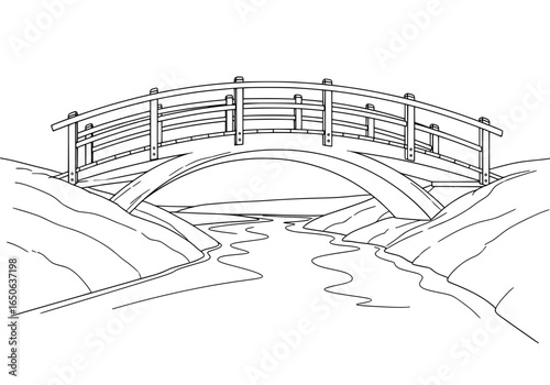 Elegant wooden arch bridge gracefully spans flowing stream connecting tranquil park landscapes