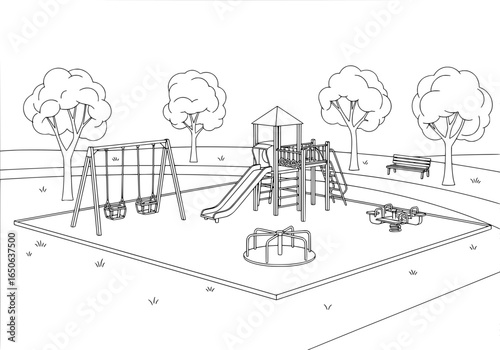 Vibrant playground scene with swings, slide, and merry-go-round, perfect for childhood fun and outdoor recreation.