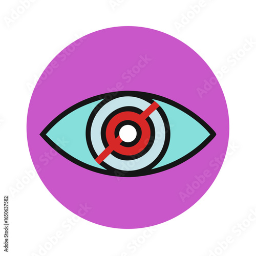 Illustration of an eye with a target symbol in the center on a purple circular background