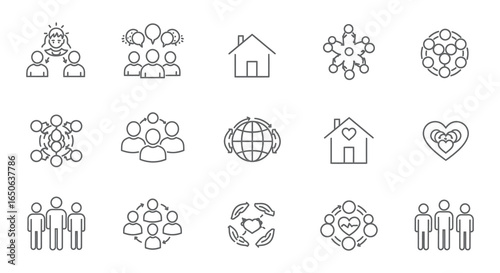 Line icons representing community and social connections in various forms