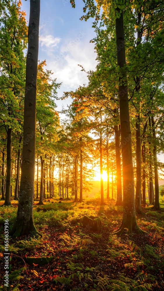 Fototapeta premium Sun rays pierce a deciduous forest at sunset, illuminating the autumn foliage on the forest floor