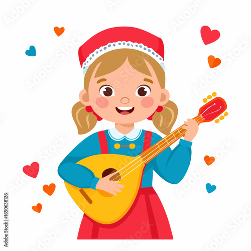 Flat style vector icon of a kid in Russian attire playing balalaika, representing cultural heritage.