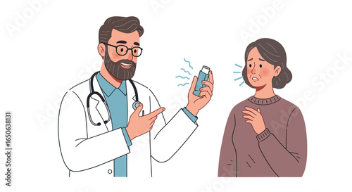 Doctor Explains Asthma Inhaler Use to Patient Healthcare Illustration