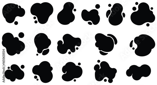 Collection of black ink splatters on white background