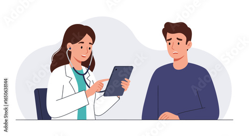 Doctor consulting patient, showing medical results on tablet