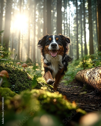 Happy dog running through lush forest.