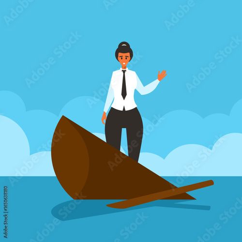 "Businesswoman Standing in Sinking Boat, Facing Challenge"