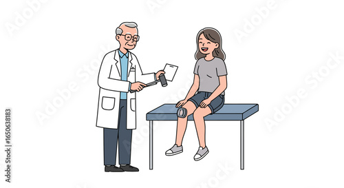 Medical illustration of a physician explaining a diagnosis to a young woman with a knee brace during a healthcare check-up.