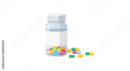 A clear prescription bottle full of colorful pills and capsules representing medical treatment and pharmaceutical therapy.