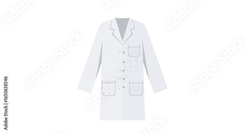 Illustration of a clean, white medical lab coat with pockets and buttons on a white background