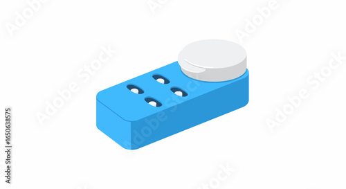A modern isometric illustration of a blue electrical power strip with multiple sockets and a switch, isolated on a white background.