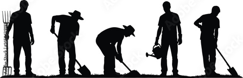 Silhouette of farmers working in the field, agriculture concept, using tools like shovel, watering can