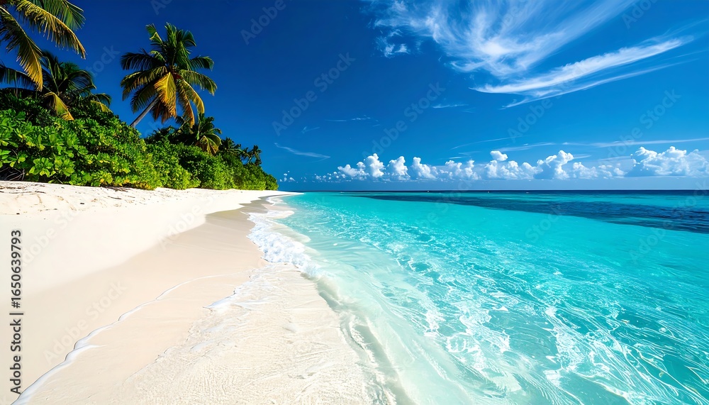 Fototapeta premium Tropical Beach Paradise with Palm Trees and Turquoise Water.