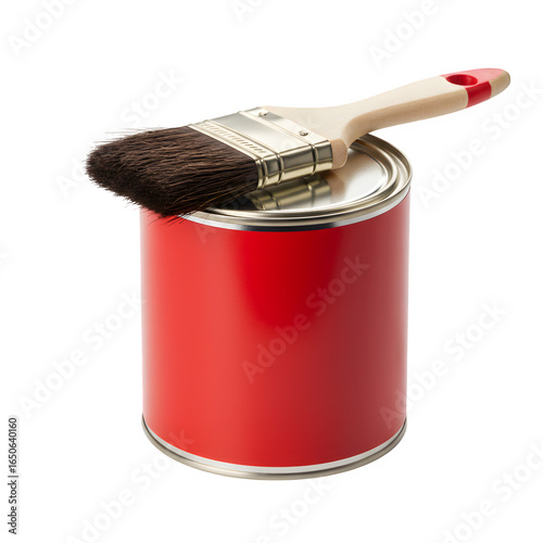 A paint can with an open lid and a paintbrush isolated on white or transparent background. PNG format.