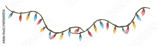 Colorful Watercolor Light Garland Christmas Decoration Hanging Bulb Festive String Border Seasonal Illustration
