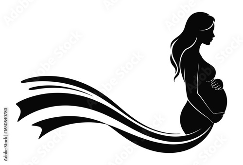 Silhouette of pregnant woman in profile with flowing hair and artistic lines, graceful pose symbolizing motherhood, beauty, and emotional depth