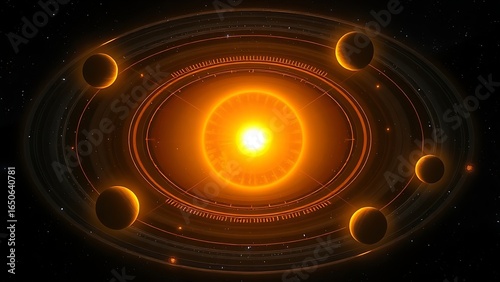 Star surrounded by five glowing planetary orbits highlighting habitable zones.