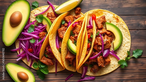 A vibrant display of Mexican street tacos with pork, avocado, and red cabbage on a rustic wooden surface.