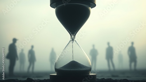 An hourglass with liquid time dripping away, surrounded by faint ghostly silhouettes, symbolizing fleeting moments of life.