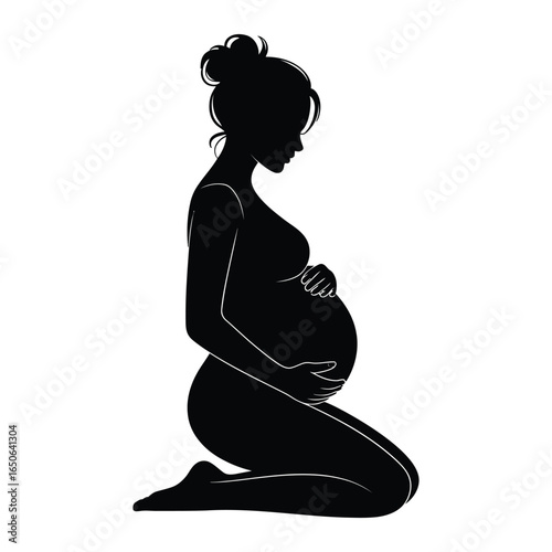 Silhouette of pregnant person kneeling with hands on belly, bun hairstyle, peaceful pose symbolizing prenatal care, reflection, and motherhood