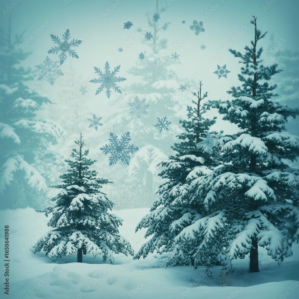 Obraz premium Snow Covered Evergreen Trees in Serene Winter Landscape generative ai