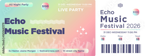 Wallpaper Mural Vibrant music festival ticket template with gradient colors, modern typography, barcode, and event details. Perfect for concerts, parties, live shows, clubs, or festival promotions. Torontodigital.ca