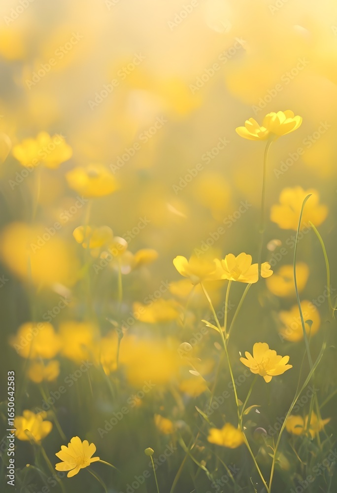 Fototapeta premium Yellow Wildflowers in Sunny Meadow – Warm Dreamy Floral Nature Background