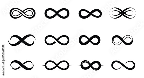 Collection of various infinity symbols in black on white background