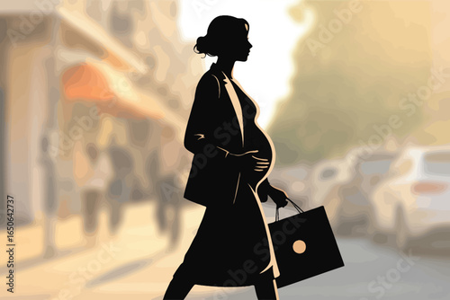 Silhouette of pregnant person walking on city street with shopping bag, warm urban scene of motherhood, anticipation, and daily life