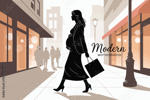 Silhouette of pregnant woman in coat and heels walking city street with handbag, concept of modern motherhood, style, and daily resilience