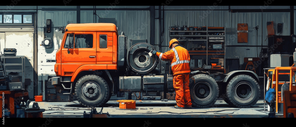 Fototapeta premium A mechanic in an orange jumpsuit inspects the wheel of a large truck in a car repair shop full of tools -- articles on vehicle repair, presentations on logistics, 