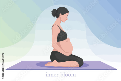 Pregnant woman kneeling on yoga mat in black activewear, pastel background with “inner bloom” text, peaceful moment of prenatal wellness