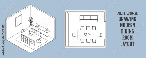 Architectural drawings of modern dining room layouts with large dining tables, six chairs, and sideboards in isometric vector design