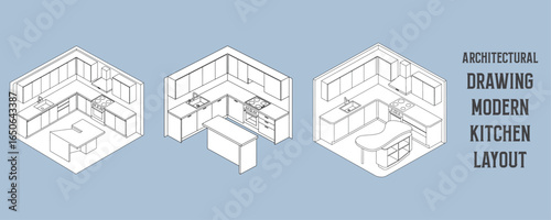 Architectural drawings of modern kitchen layouts with cabinets, sinks, stoves, and islands in isometric vector design